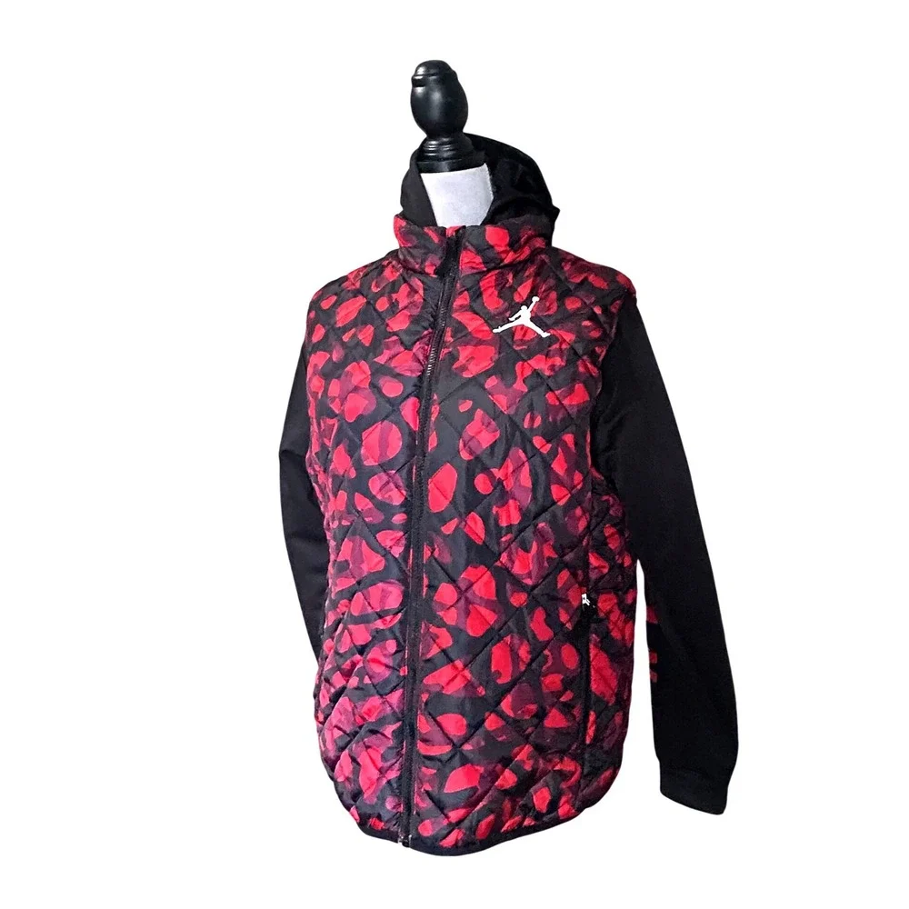 Jordan Kids Quilted Hooded Jacket‎ Red Black Floral Print Logo Size XL